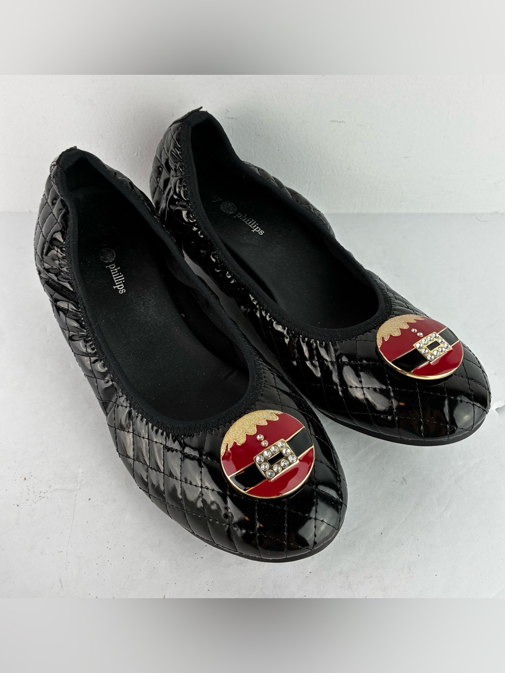 Lindsay Phillips Christmas Black Quilted Patent Leather Flats Santa Tops